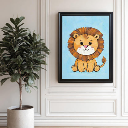 A black-framed painting of a cute cartoon lion hangs on a white paneled wall next to a large potted ficus plant.