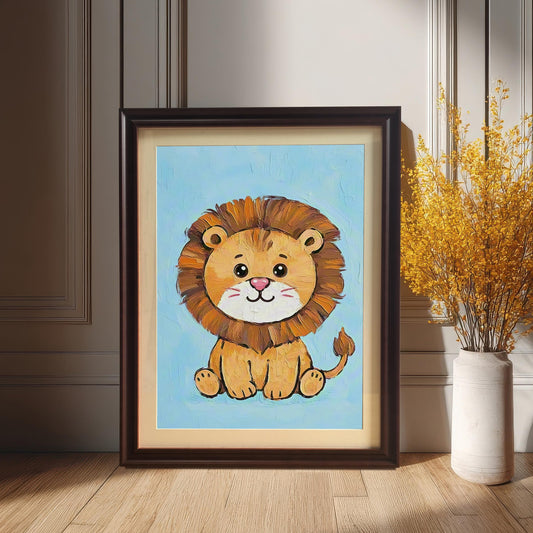 A framed painting of a cute cartoon lion leans on a wooden floor against a white paneled wall, next to a vase of dried yellow flowers. The frame is brown.