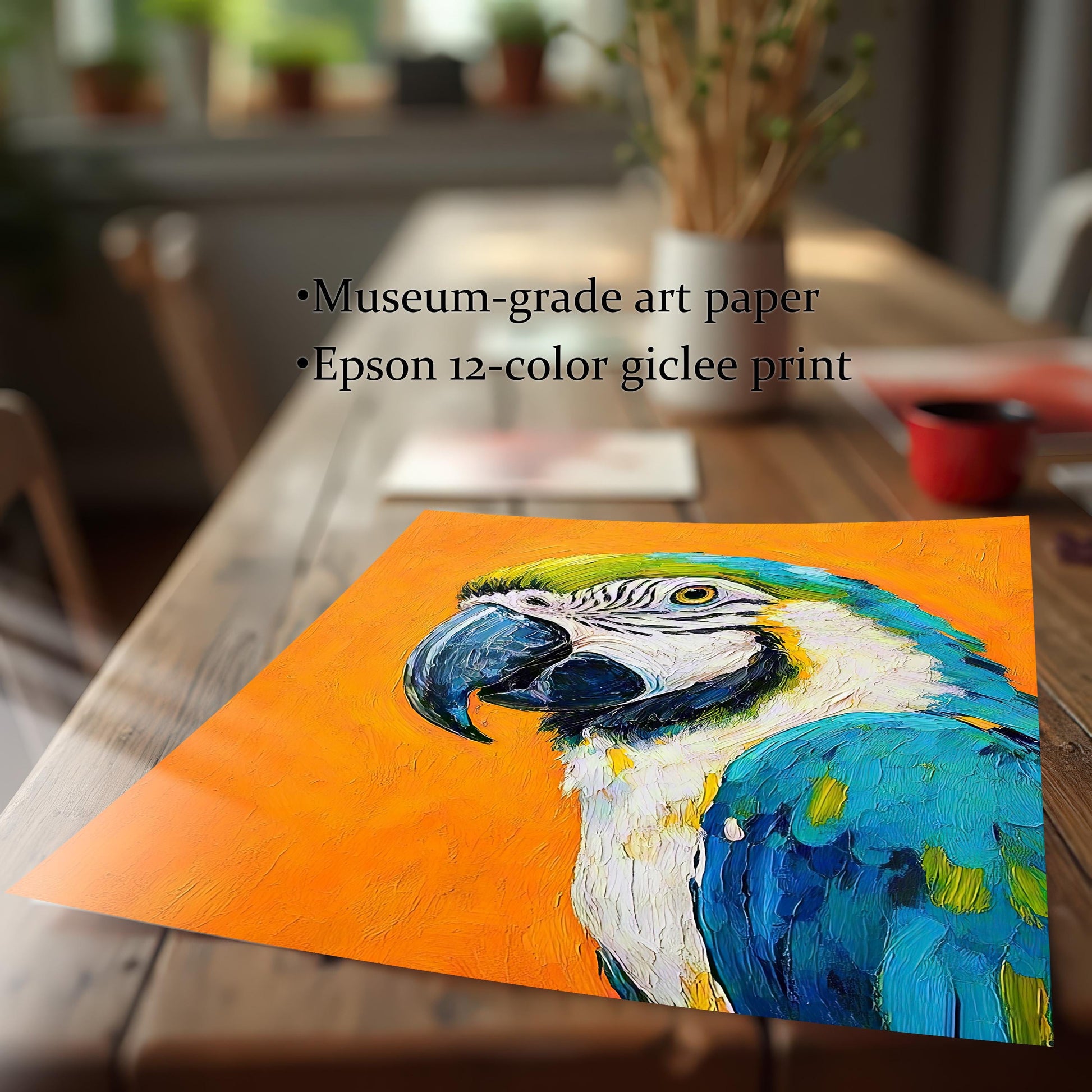 A close-up, angled view of an art print on a wooden table. Text overlays highlight its features: "Museum-grade art paper" and "Epson 12-color giclee print."