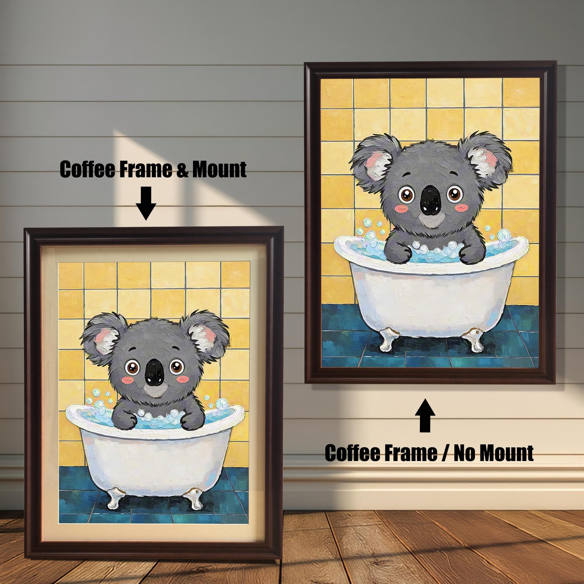 Two views of the koala art print. On the left, a version with a coffee-colored frame and mount. On the right, a larger version with a coffee frame but no mount.