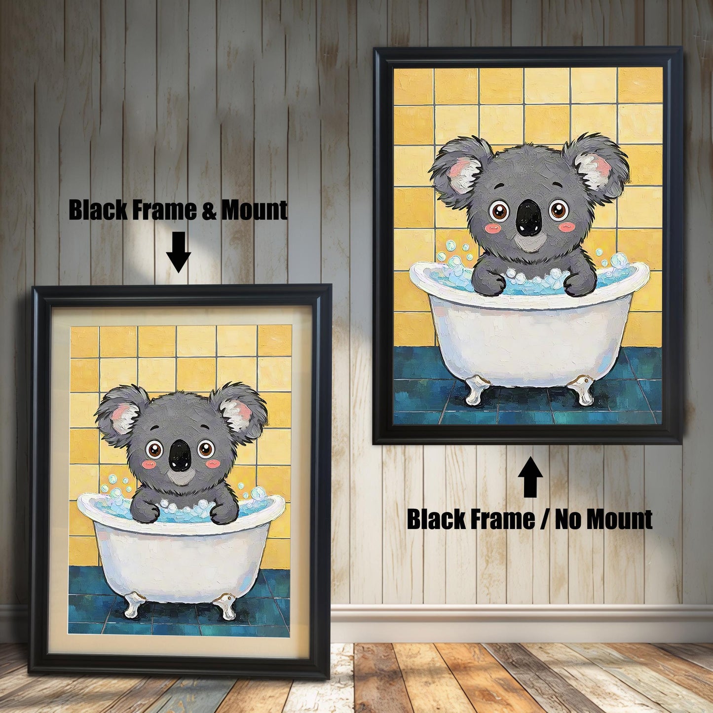 Two views of the koala art print. On the left, a version with a black frame and mount. On the right, a larger version with a black frame but no mount.