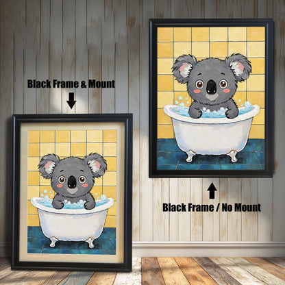 Two views of the koala art print. On the left, a version with a black frame and mount. On the right, a larger version with a black frame but no mount.