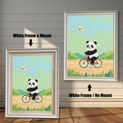 Panda Bicycle Cartoon Art Print: Wood Framed Whimsical Kids Room Decor