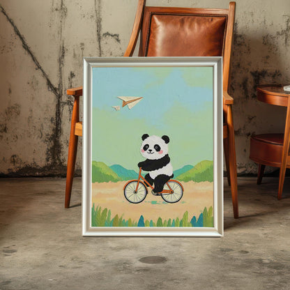 Panda Bicycle Cartoon Art Print: Wood Framed Whimsical Kids Room Decor