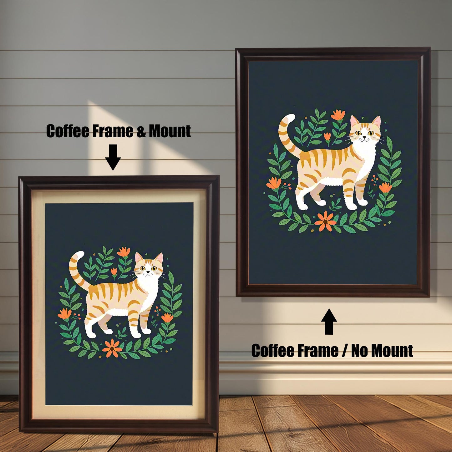 Two views of the cat art print. On the left, a version with a coffee-colored frame and mount. On the right, a larger version with a coffee frame but no mount.