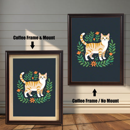 Two views of the cat art print. On the left, a version with a coffee-colored frame and mount. On the right, a larger version with a coffee frame but no mount.