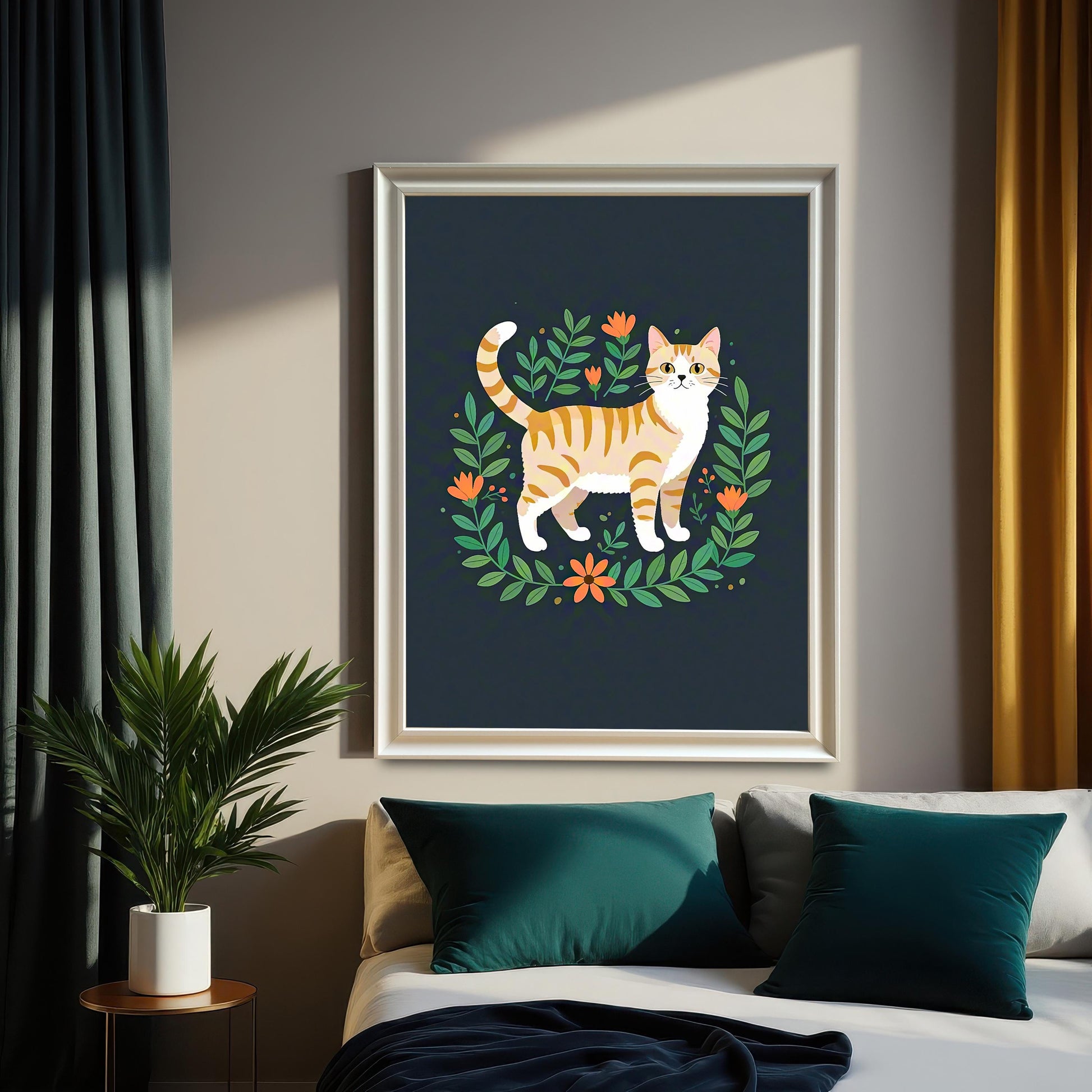 A large framed art print of an orange striped cat, in a white frame, hanging on a light gray wall above a bed with teal pillows.