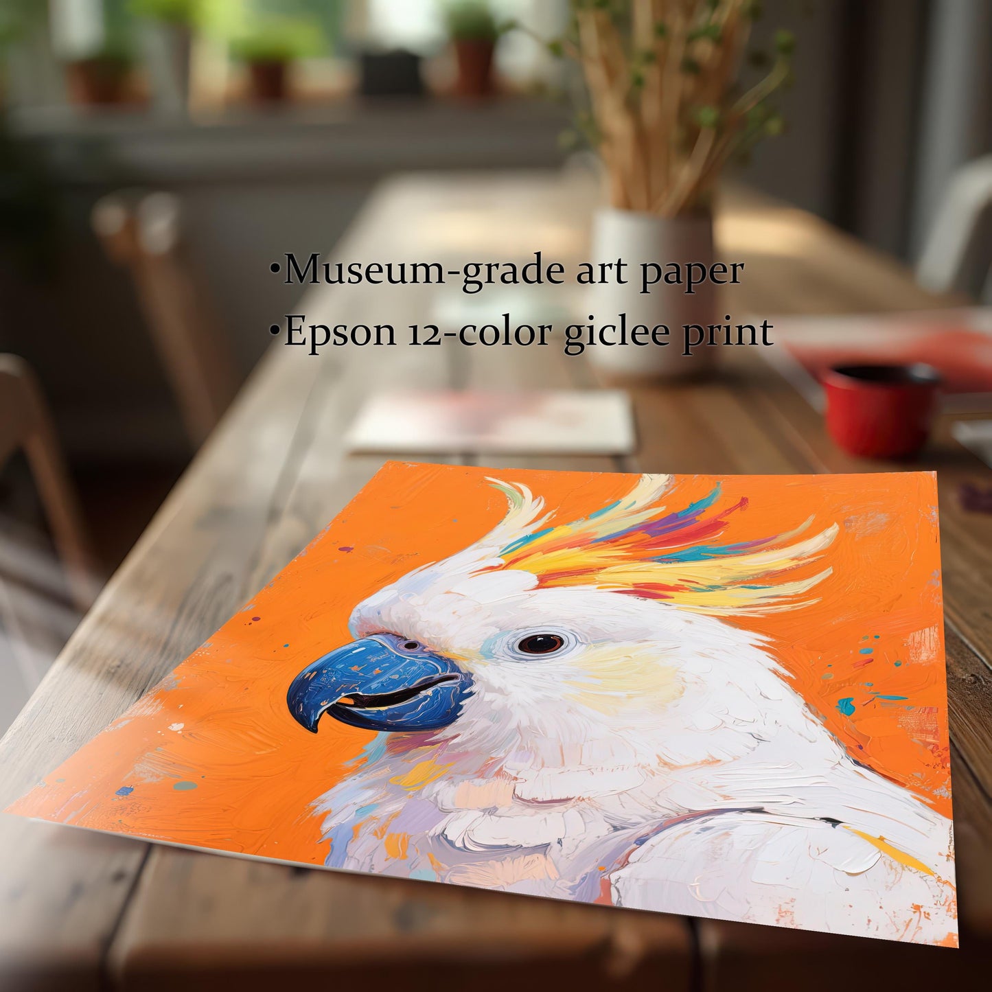 A loose, unframed art print of a white cockatoo with a colorful crest, laying on a wooden dining table. Text highlights the use of museum-grade art paper and an Epson 12-color giclee print.