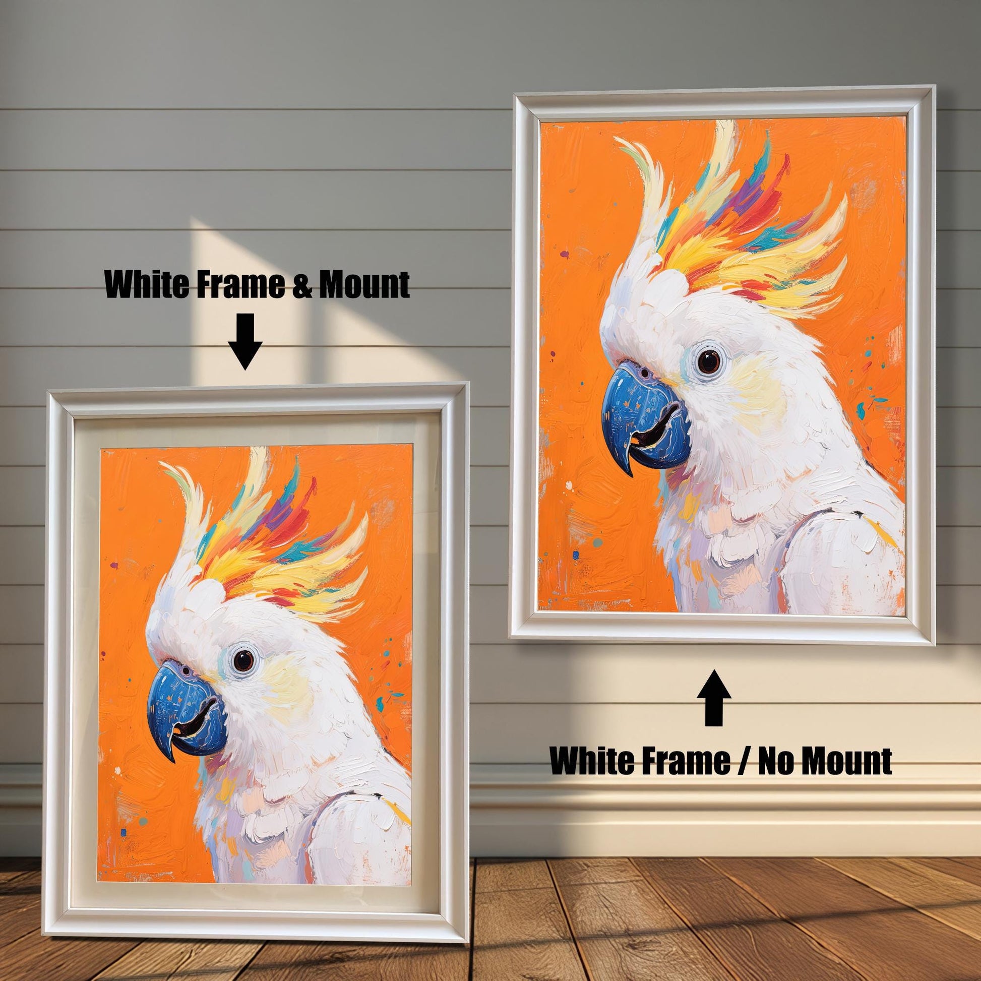 Two views of the cockatoo art print. On the left, a version with a white frame and mount. On the right, a larger version with a white frame but no mount.