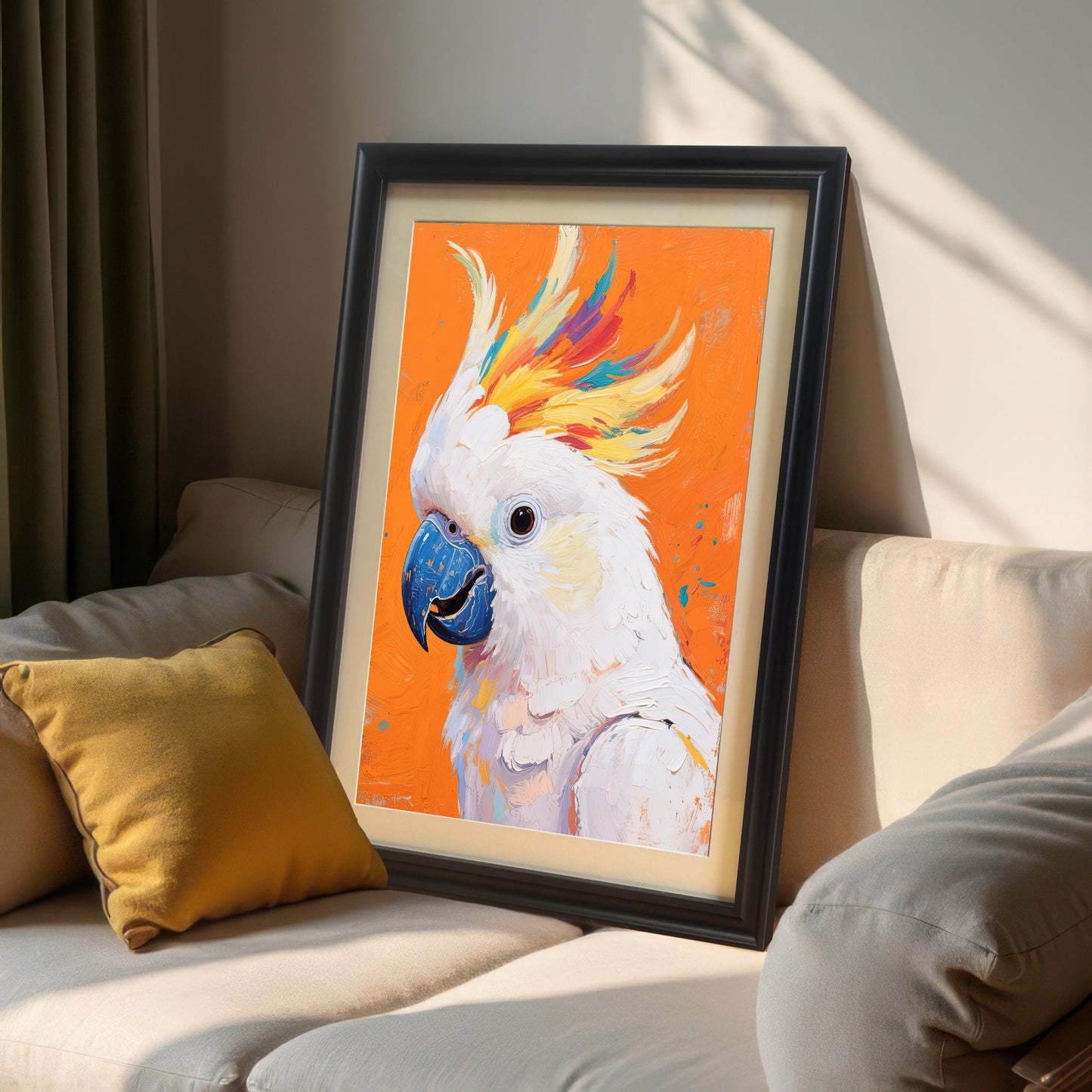 A framed art print of a white cockatoo with a colorful crest, in a black frame, leaning on a light-colored couch. A yellow pillow is next to it.