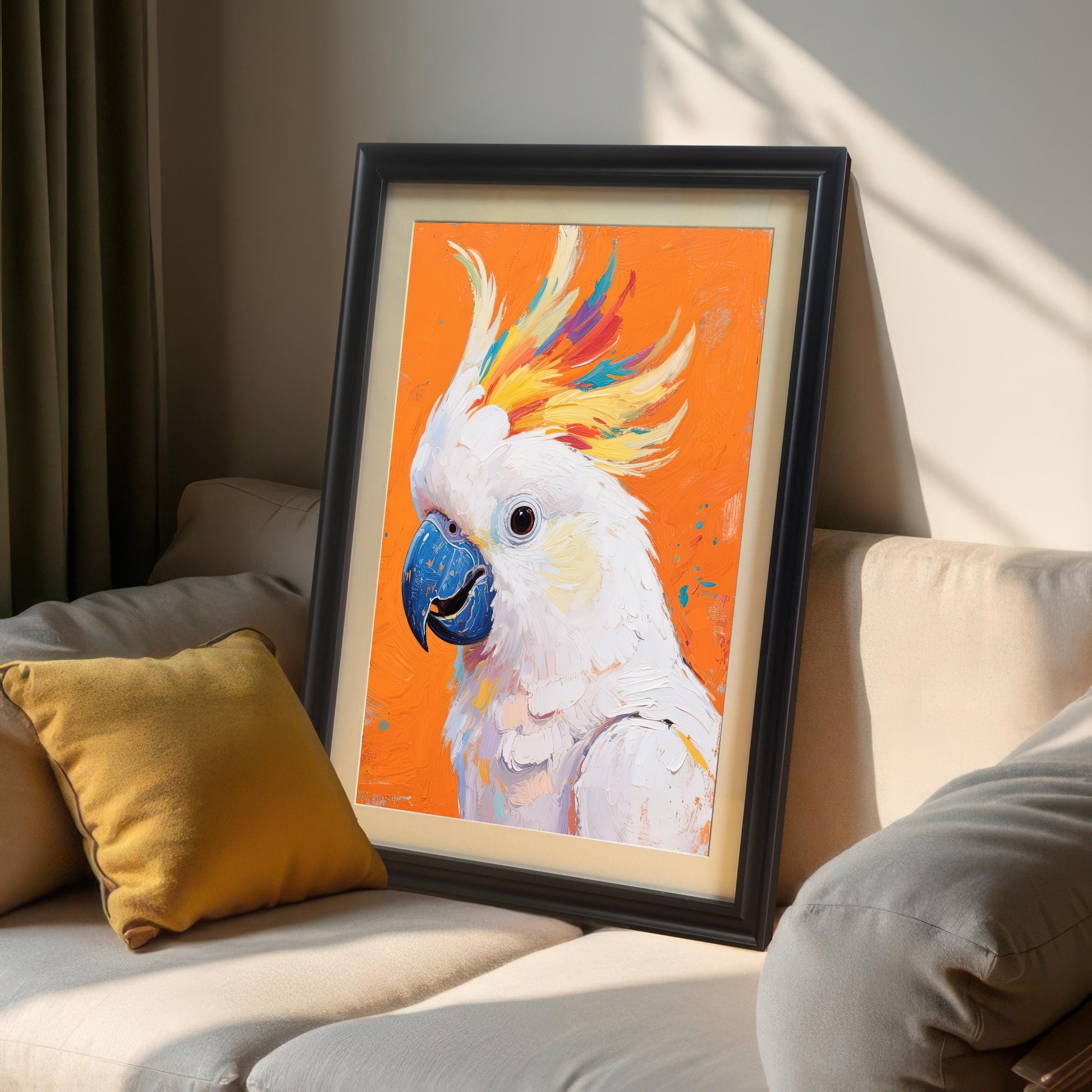 A framed art print of a white cockatoo with a colorful crest, in a black frame, leaning on a light-colored couch. A yellow pillow is next to it.