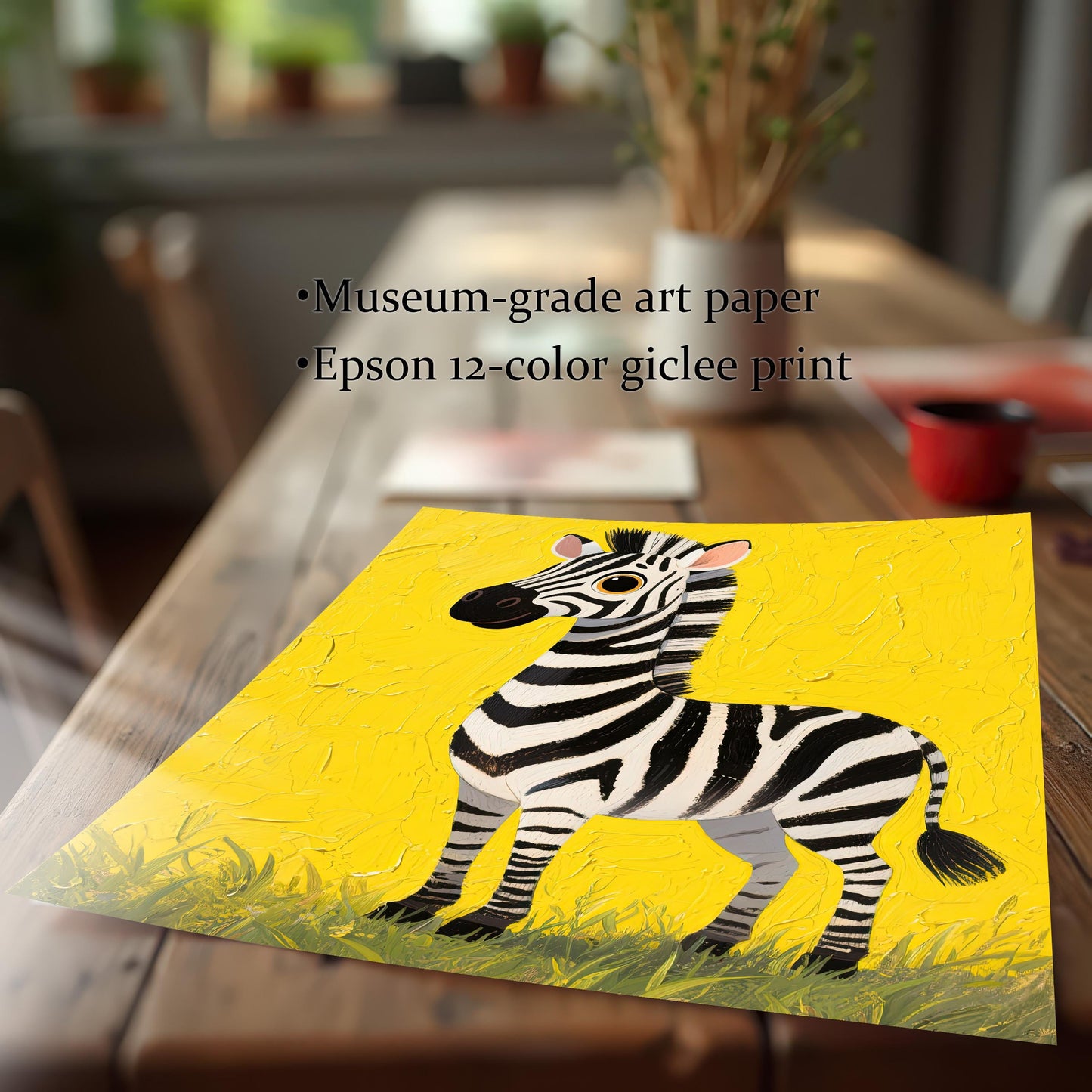 A close-up of a print of a painting of a cute zebra on a yellow background, lying on a wooden table.