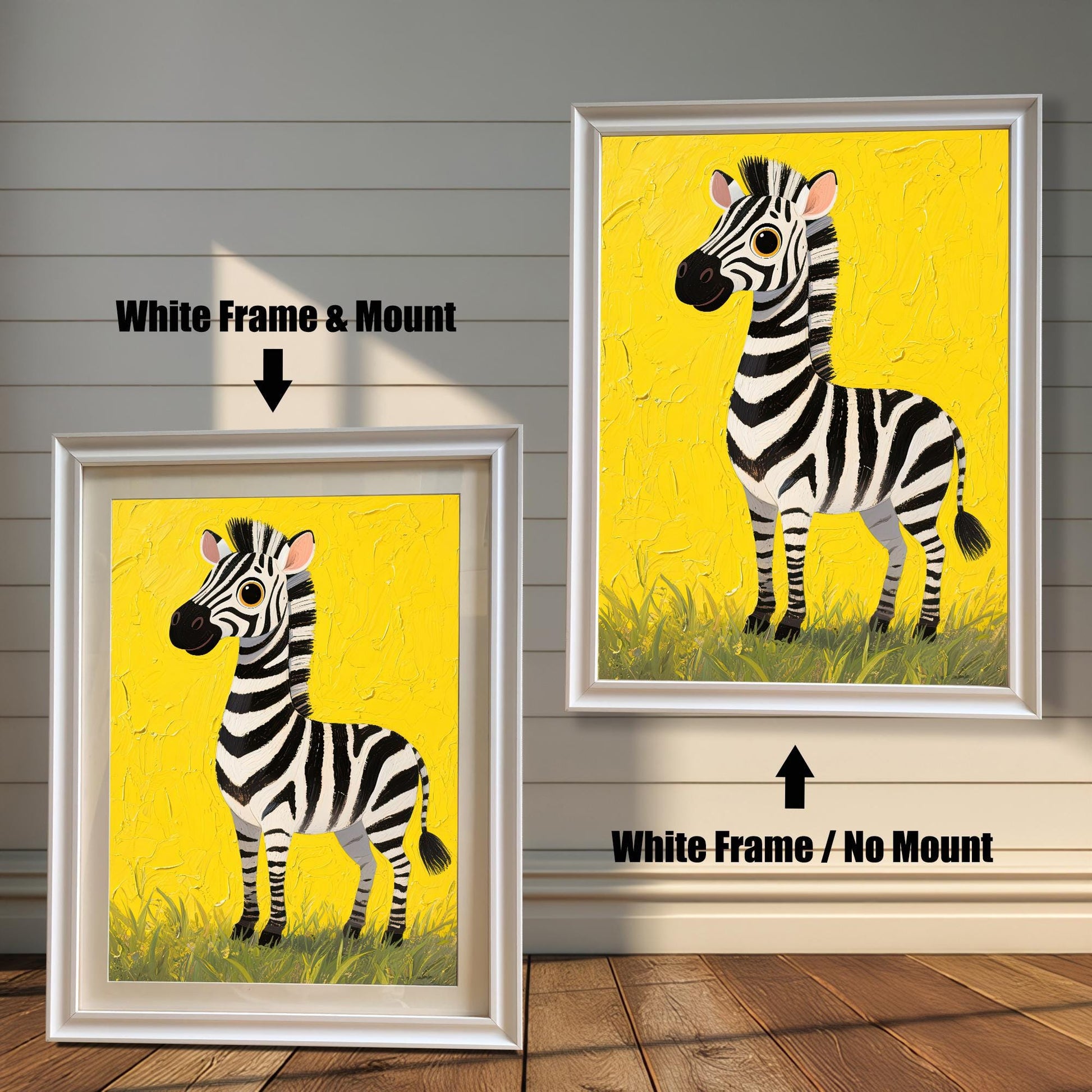 A painting of a cute zebra on a yellow background, shown in a white frame with a mount and a white frame without a mount.