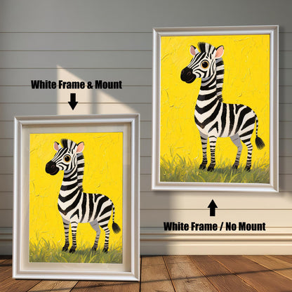 A painting of a cute zebra on a yellow background, shown in a white frame with a mount and a white frame without a mount.