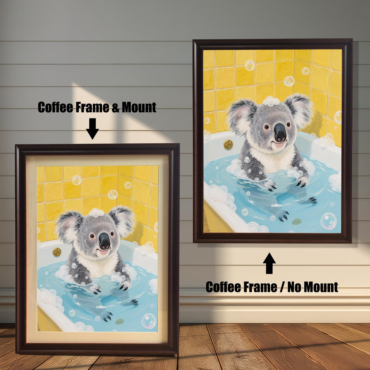 Two framed prints of a koala in a bubble bath with a coffee-colored frame. One is a larger, rectangular print without a white mount, the other is a square print with a mount. Both have a coffee-colored frame.
