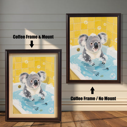 Two framed prints of a koala in a bubble bath with a coffee-colored frame. One is a larger, rectangular print without a white mount, the other is a square print with a mount. Both have a coffee-colored frame.