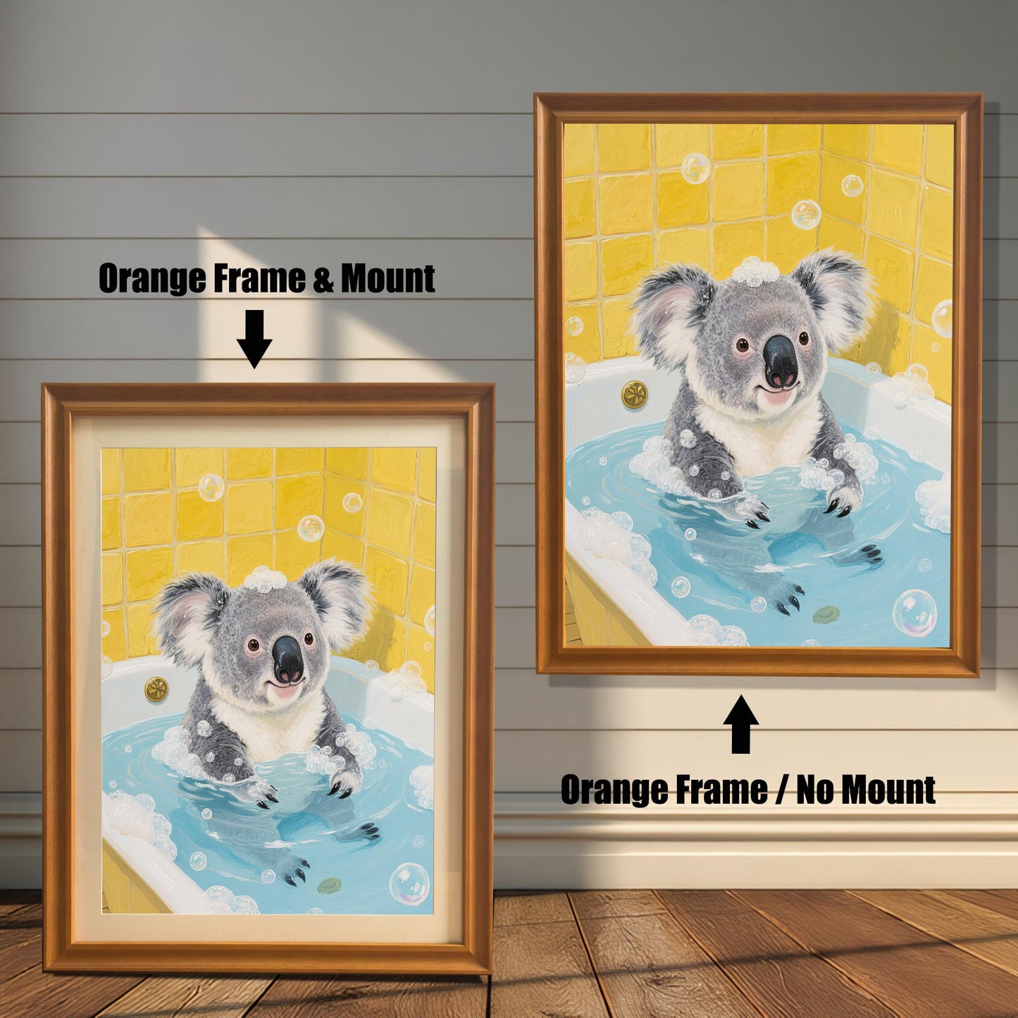Two framed prints of a koala in a bubble bath, one with a mount and an orange frame, the other without a mount but with the same orange frame. The images are a side-by-side comparison.