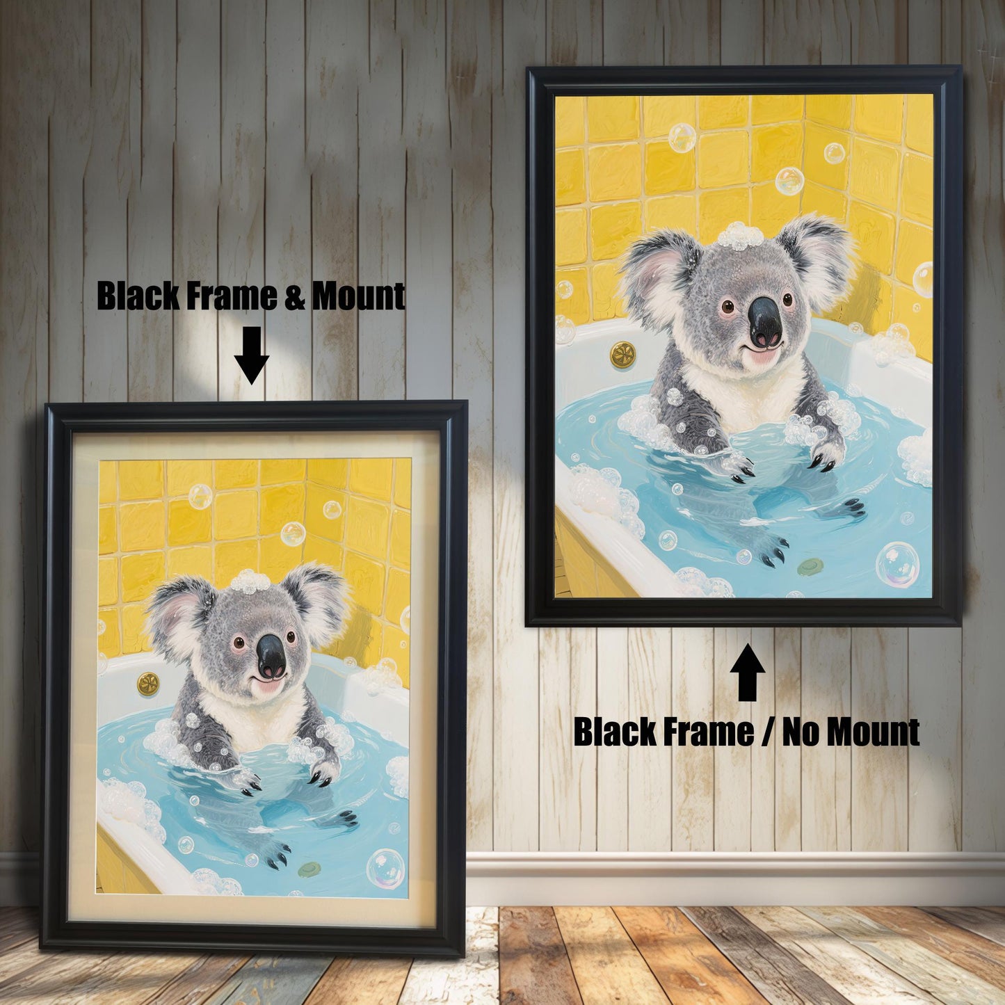 A side-by-side comparison of two framed prints of a koala in a bathtub. Both prints have a black frame, but one includes a mount, while the other does not.
