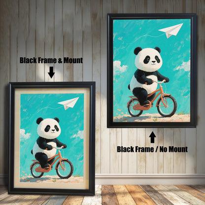 A side-by-side comparison of two framed prints of a panda on a bicycle. Both prints have a black frame, but one includes a mount, while the other does not.