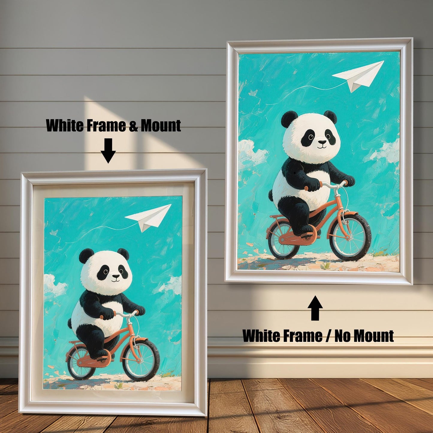 A side-by-side comparison of two framed prints of a panda on a bicycle. Both prints have a white frame, but one includes a mount, while the other does not.