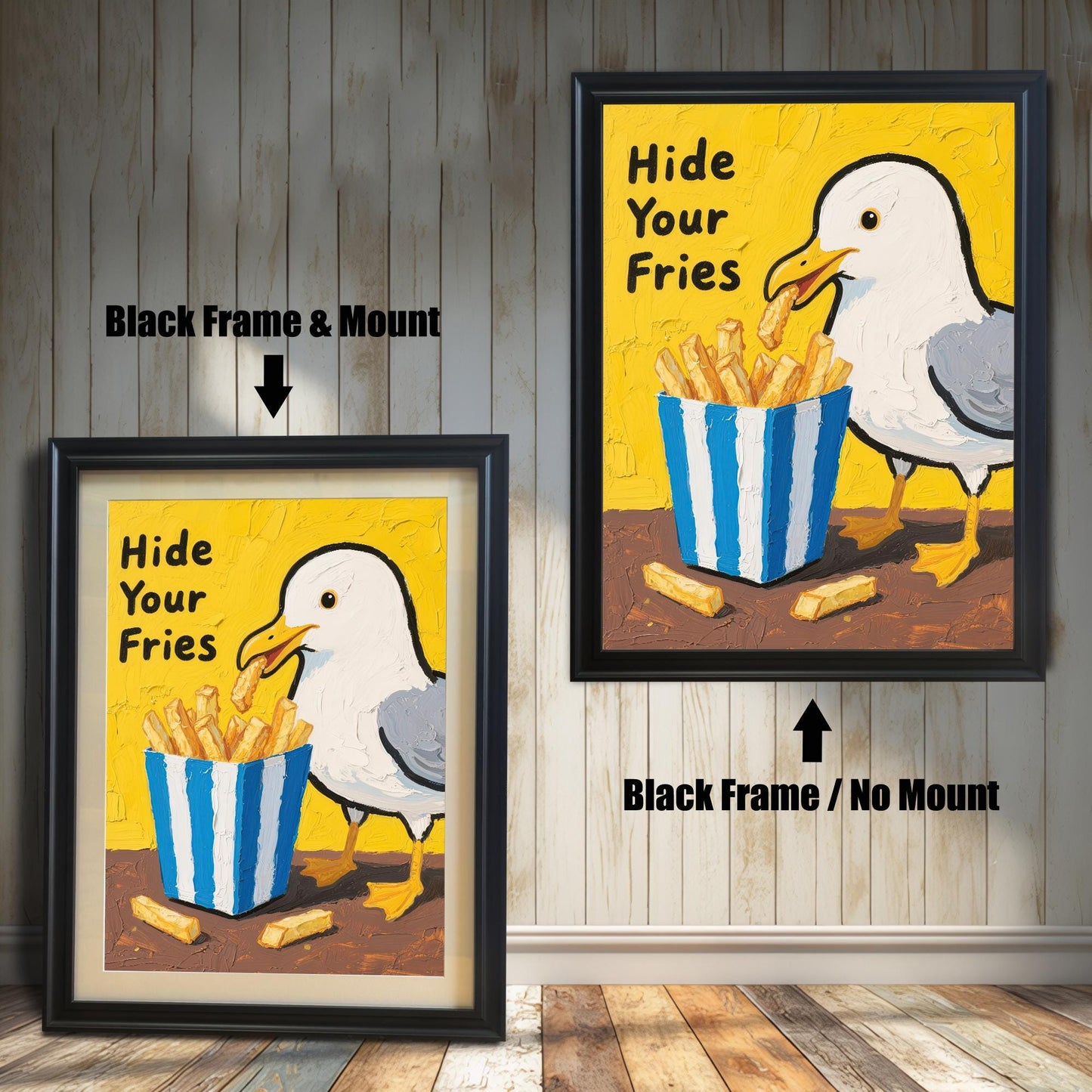 A side-by-side comparison of two framed prints of a seagull and fries. Both prints have a black frame, but one includes a mount, while the other does not.