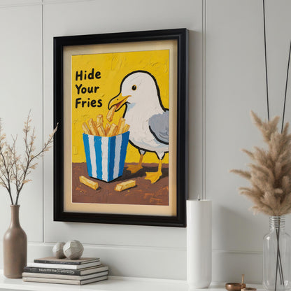 A black-framed print of a seagull and fries hanging on a white wall, with decorative vases and books on a shelf below it. The image is a close-up, focusing on the framed art and surrounding decor.