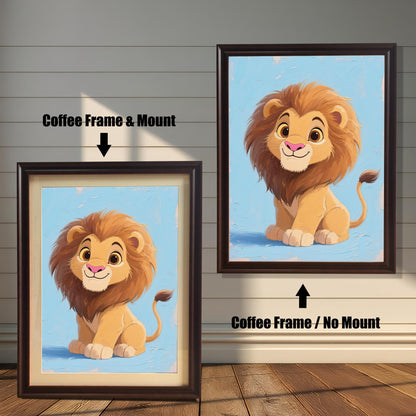 A side-by-side comparison of two framed prints of a baby lion. One has a coffee-colored frame with a mount, and the other has a coffee-colored frame without a mount.