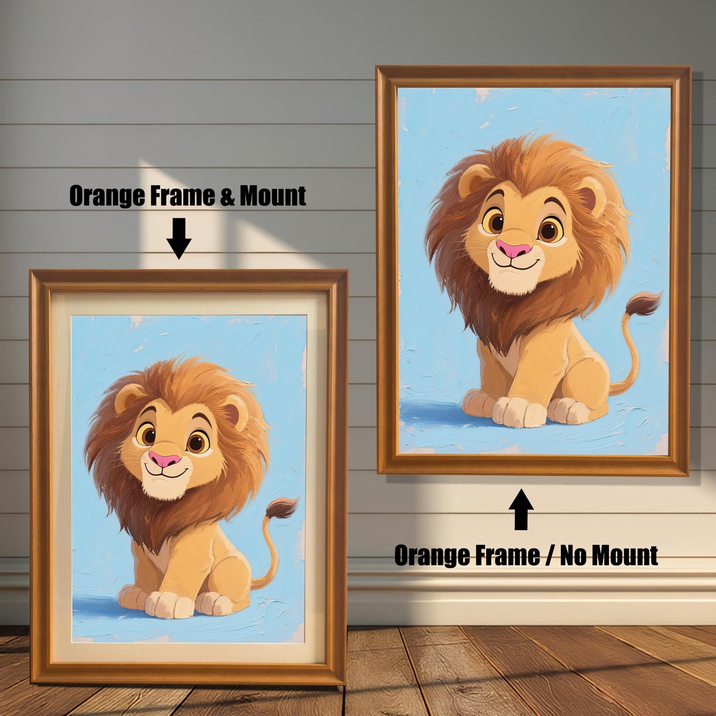 A side-by-side comparison of two framed prints of a baby lion. One has an orange frame with a mount, and the other has an orange frame without a mount.