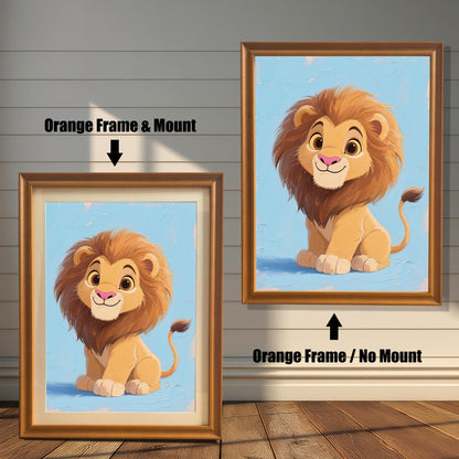 A side-by-side comparison of two framed prints of a baby lion. One has an orange frame with a mount, and the other has an orange frame without a mount.