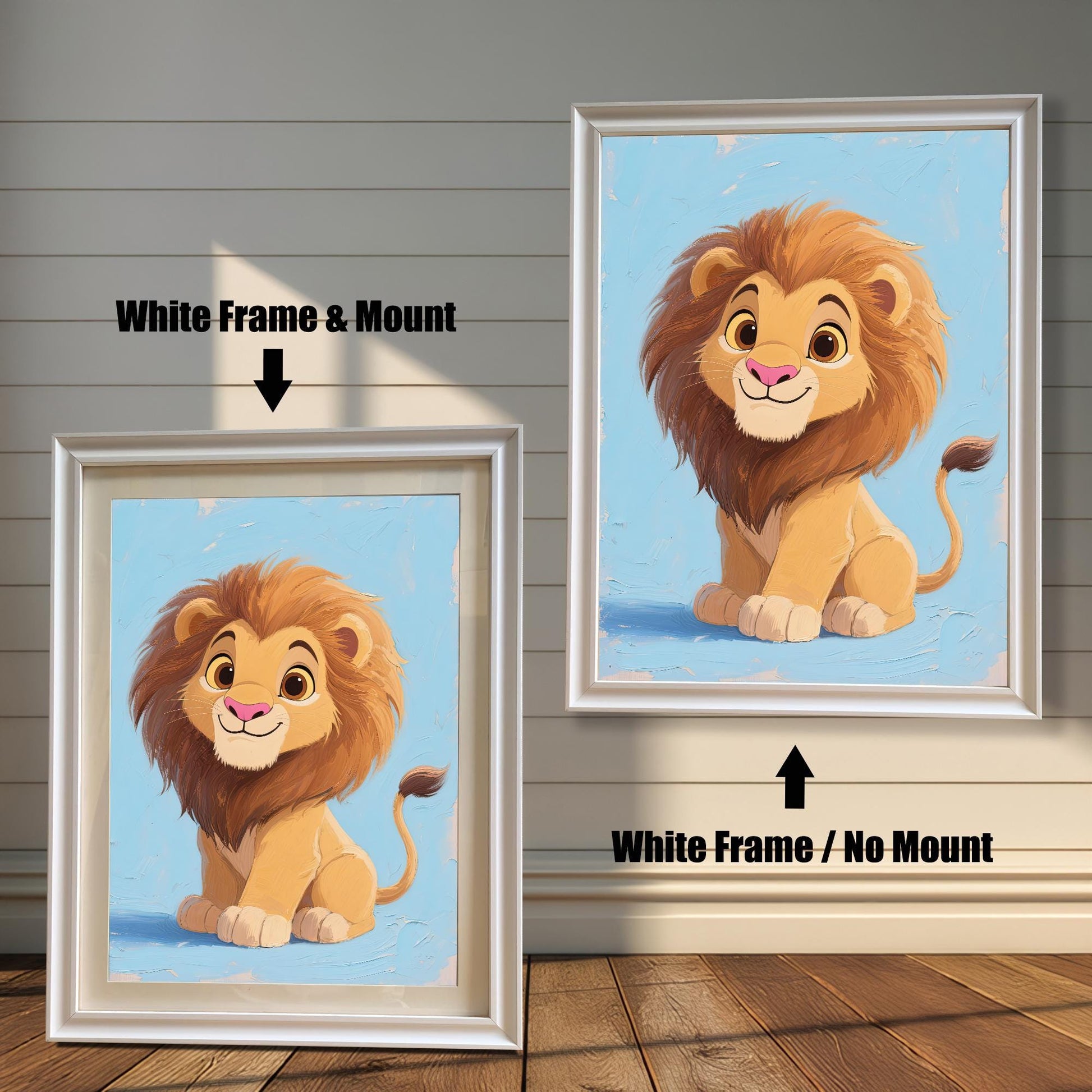 A side-by-side comparison of two framed prints of a baby lion. Both prints have a white frame, but one includes a mount, while the other does not.