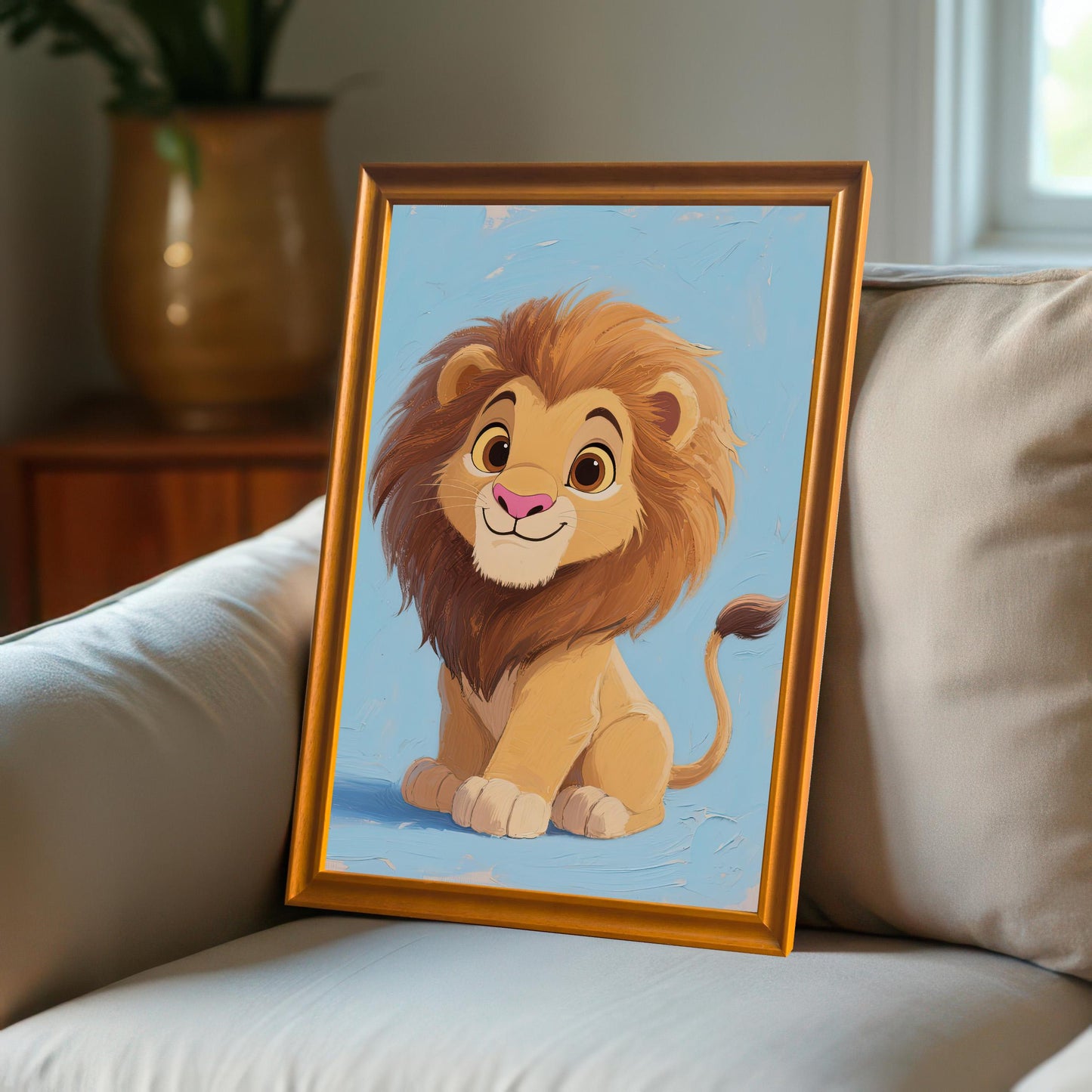 A framed print of a cute baby lion propped on a light-colored couch. The frame is a warm, light brown. The image is a close-up, focusing on the framed art and surrounding pillows.