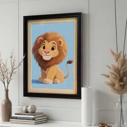 A black-framed print of a baby lion hanging on a white wall, with decorative vases and books on a shelf below it. The image is a close-up, focusing on the framed art and surrounding decor.