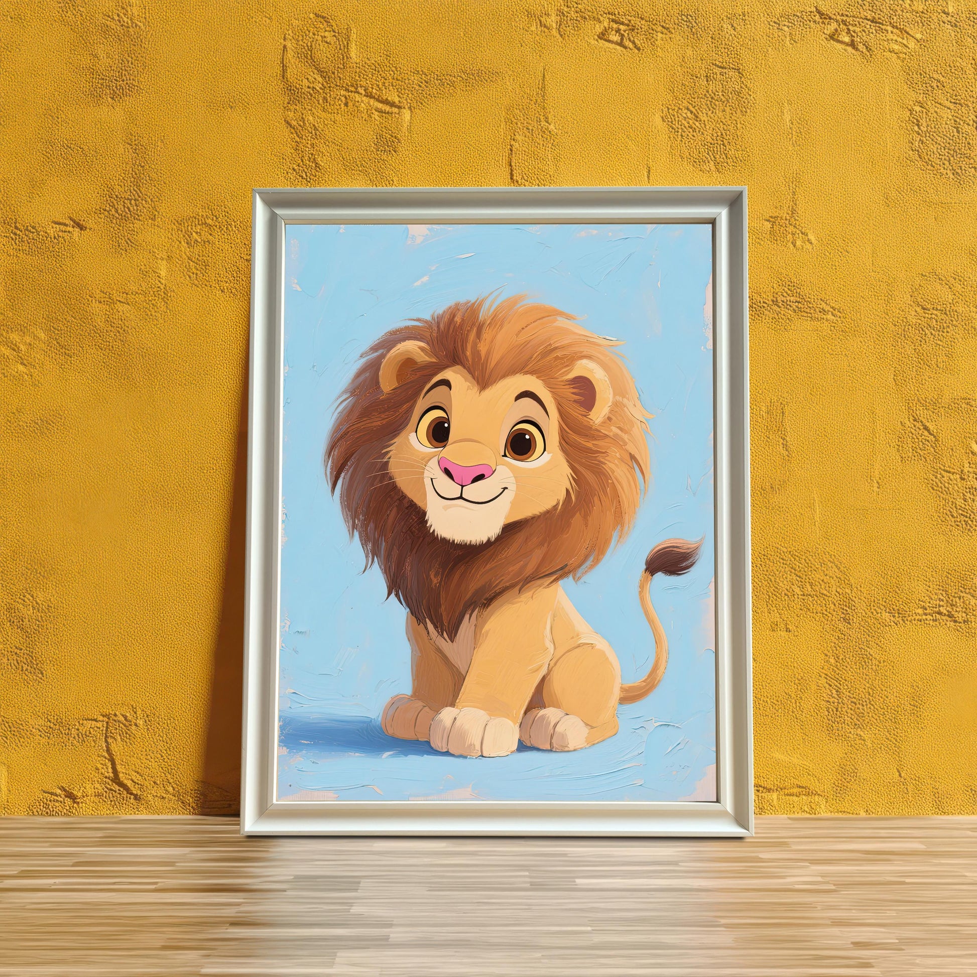 A framed print of a cute baby lion with a big mane, smiling on a light blue background. The frame is white. The framed art is leaning against a textured yellow wall.