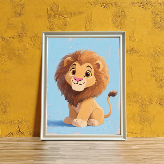 A framed print of a cute baby lion with a big mane, smiling on a light blue background. The frame is white. The framed art is leaning against a textured yellow wall.