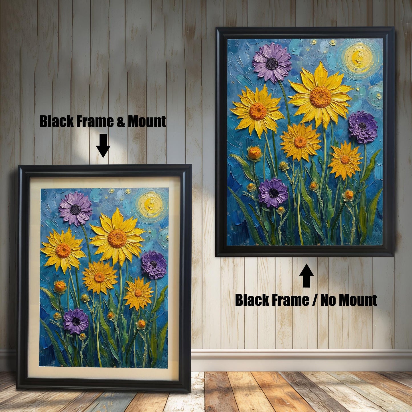 A side-by-side comparison of a floral print. On the left, the print is in a black frame with a mount. On the right, it's in a black frame without a mount.