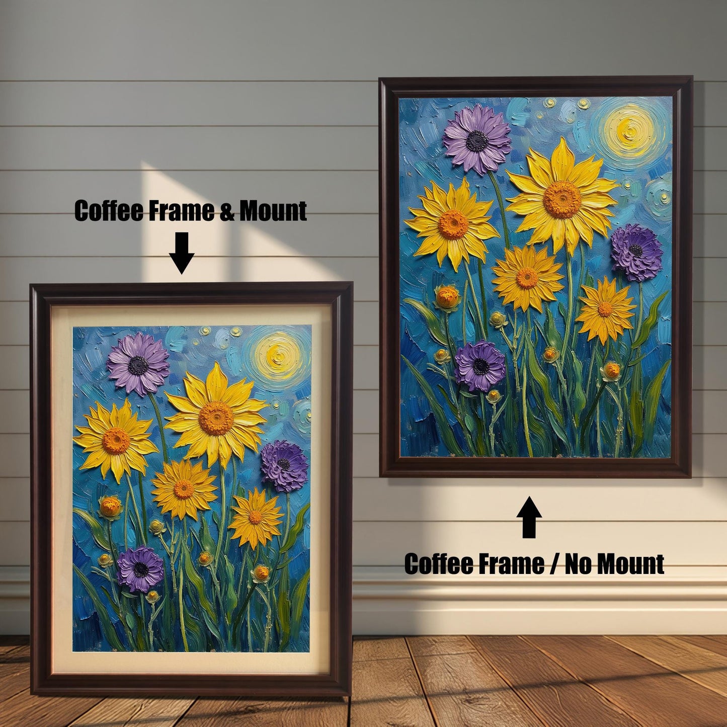 A side-by-side comparison of a floral print. On the left, the print is in a coffee-colored frame with a mount. On the right, it's in a coffee-colored frame without a mount.