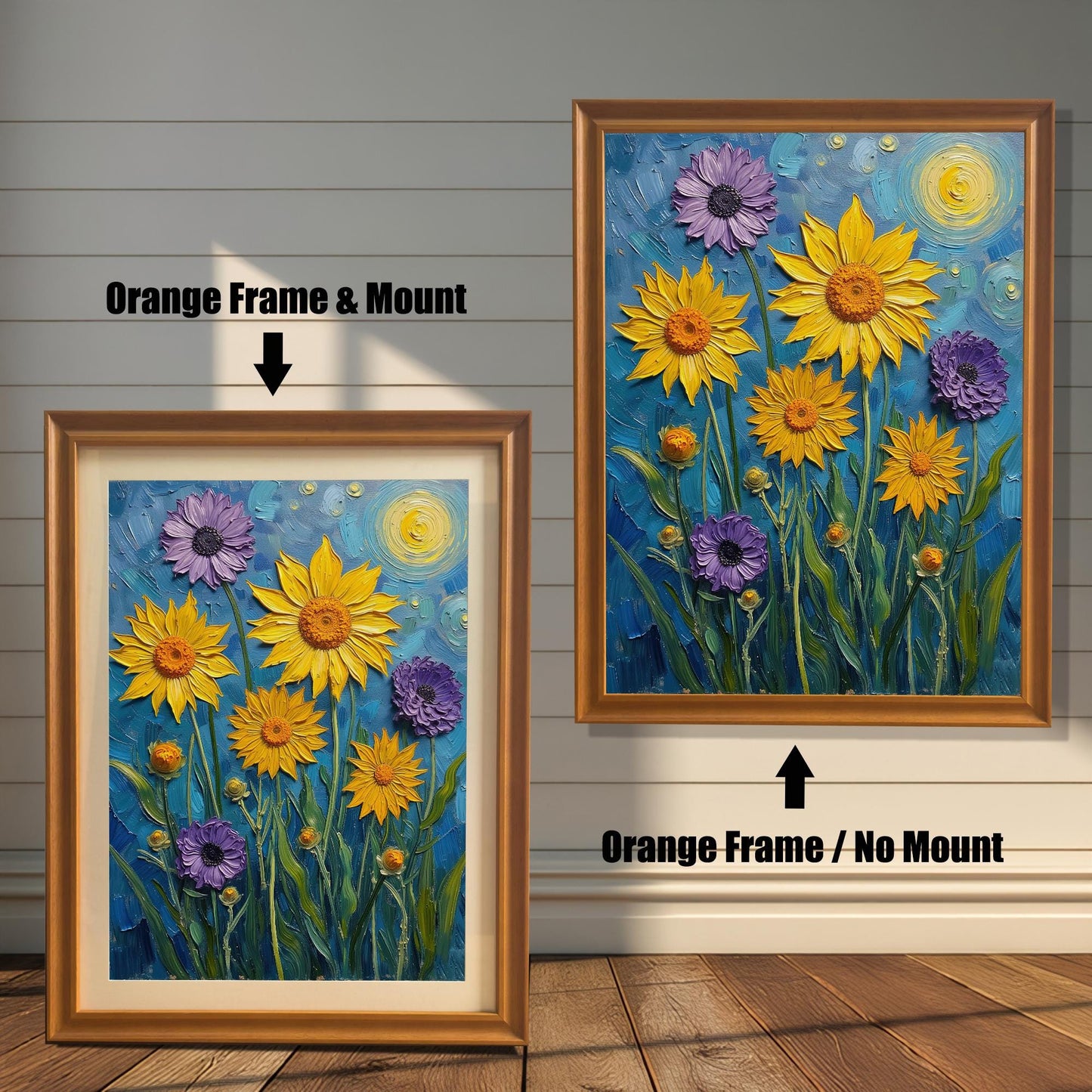 A side-by-side comparison of a floral print. On the left, the print is in an orange frame with a mount. On the right, it's in an orange frame without a mount.
