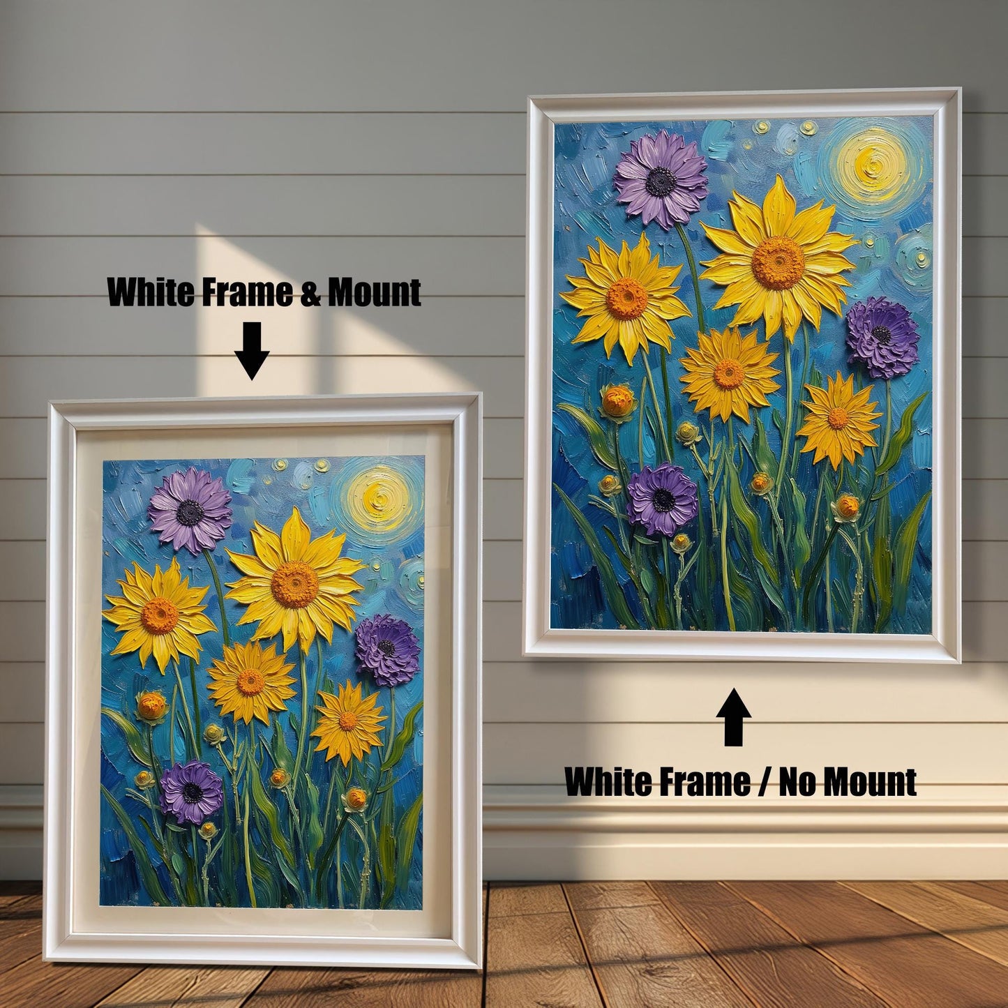 A side-by-side comparison of a floral print. On the left, the print is in a white frame with a mount. On the right, it's in a white frame without a mount.