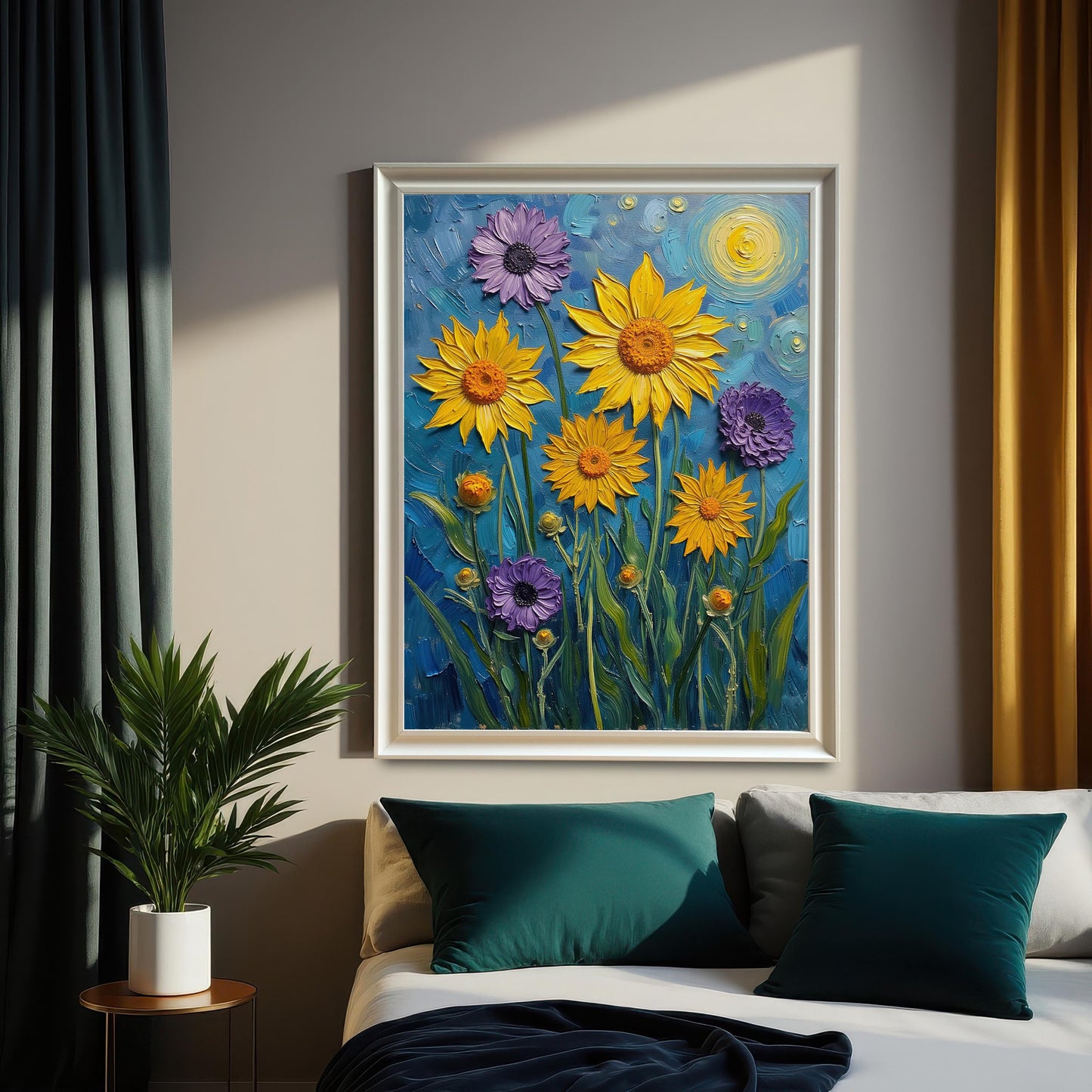 A large, framed floral print with a white frame hanging on a bedroom wall above a bed with teal and gray pillows, adding a pop of color to the room.