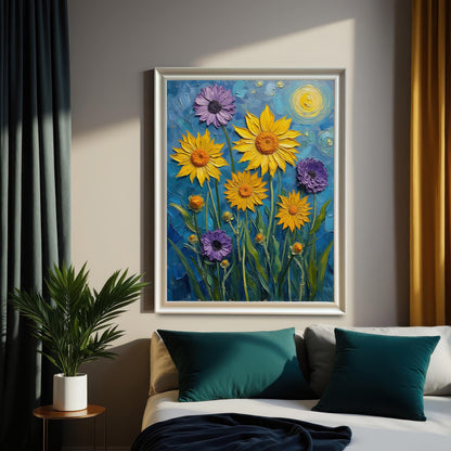 A large, framed floral print with a white frame hanging on a bedroom wall above a bed with teal and gray pillows, adding a pop of color to the room.