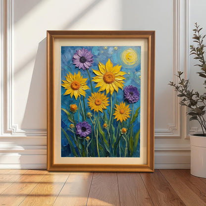 A vertical framed print with an orange frame leaning against a white wainscoting wall, featuring a vibrant, textured painting of yellow and purple flowers on a blue background.