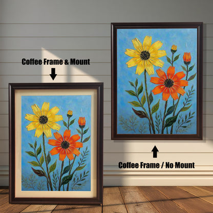 A side-by-side comparison of a floral print. On the left, the print is in a coffee-colored frame with a mount. On the right, it's in a coffee-colored frame without a mount.