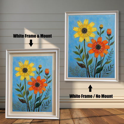 A side-by-side comparison of a floral print. On the left, the print is in a white frame with a mount. On the right, it's in a white frame without a mount.