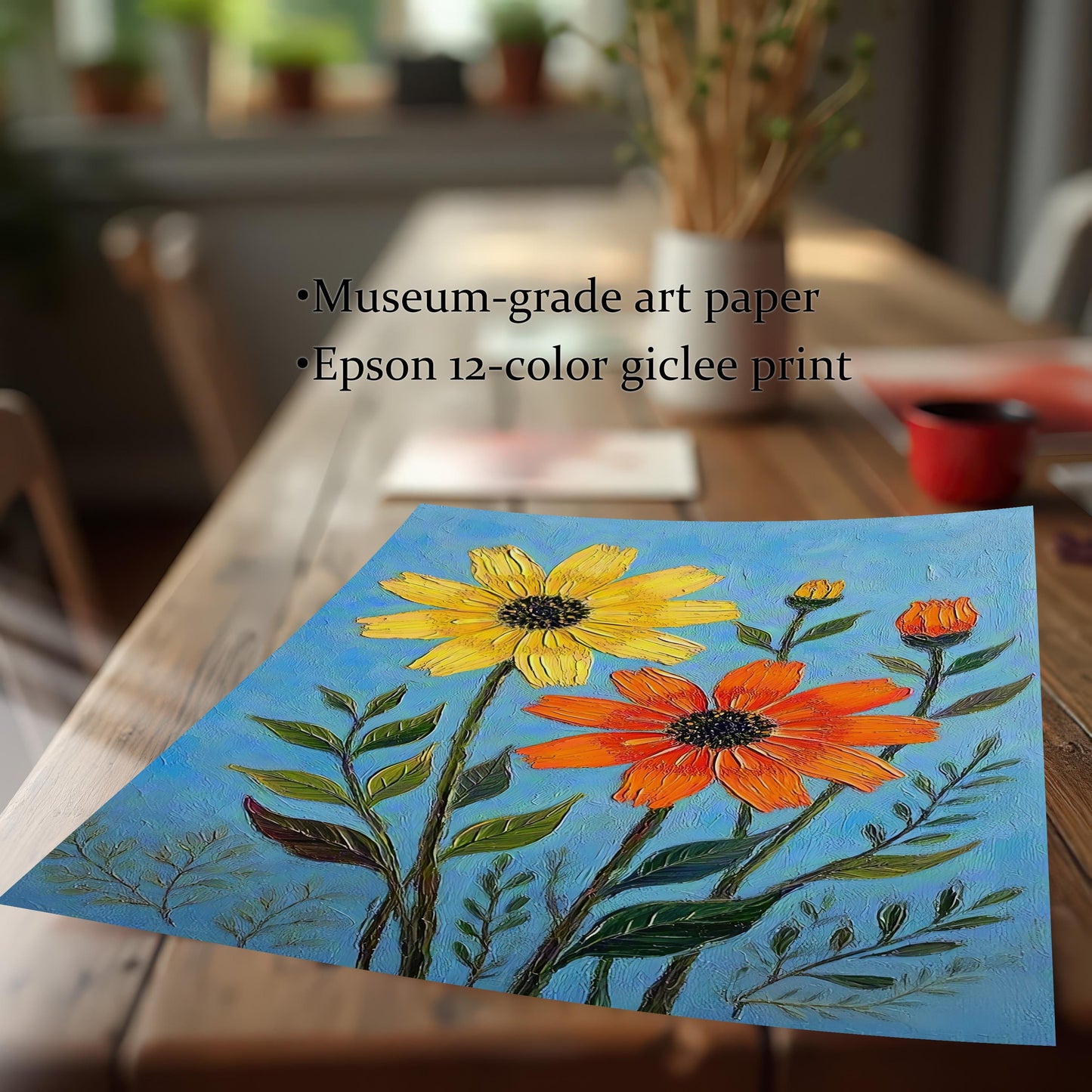 A close-up shot of the floral print lying on a wooden table, with text overlay describing it as a museum-grade art paper and an Epson 12-color giclee print.