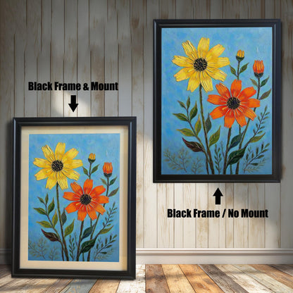 A side-by-side comparison of a floral print. On the left, the print is in a black frame with a mount. On the right, it's in a black frame without a mount.