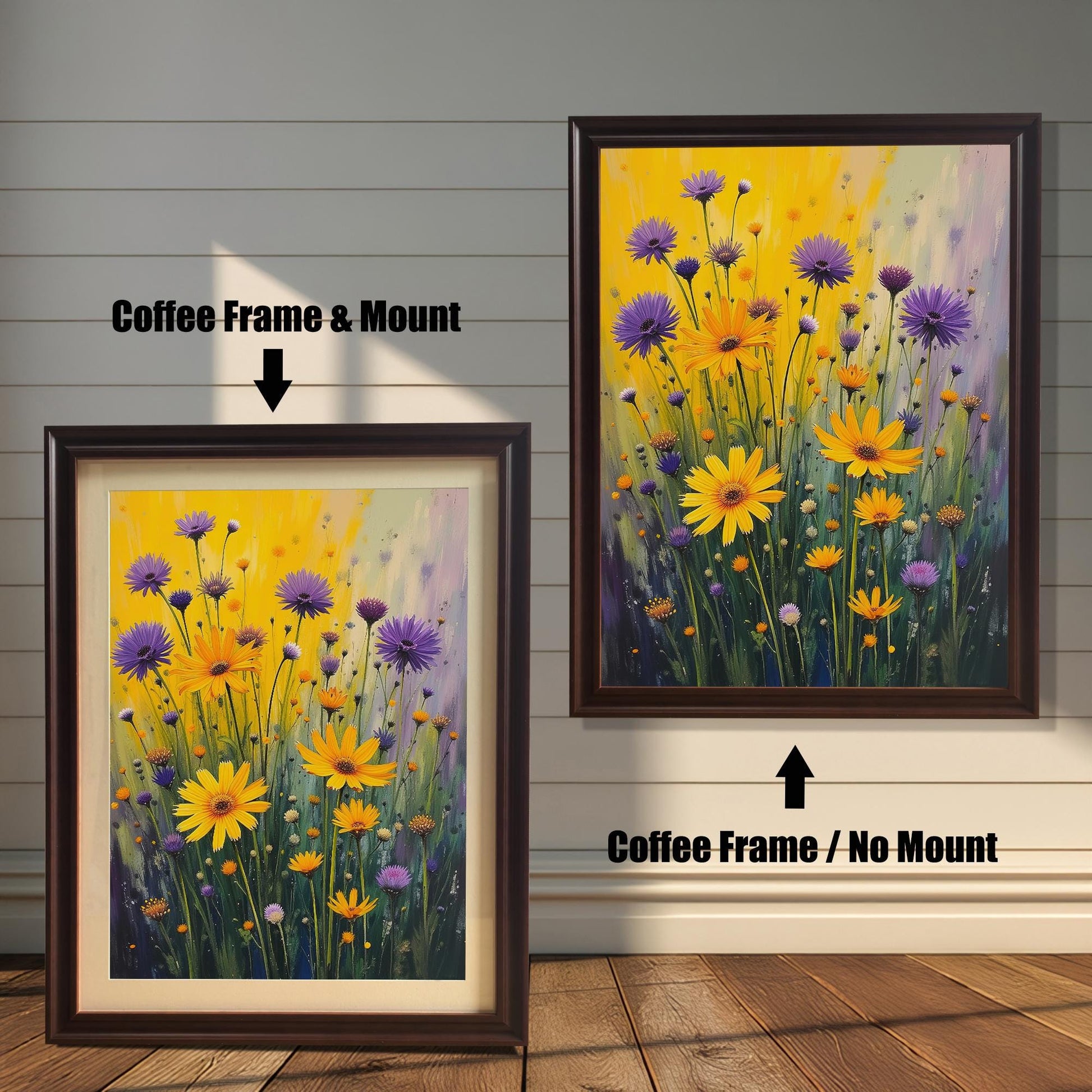 A side-by-side comparison of a floral print. On the left, the print is in a coffee-colored frame with a mount. On the right, it's in a coffee-colored frame without a mount.