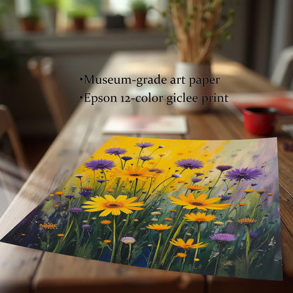 A close-up shot of the floral print lying on a wooden table, with text overlay describing it as a museum-grade art paper and an Epson 12-color giclee print.