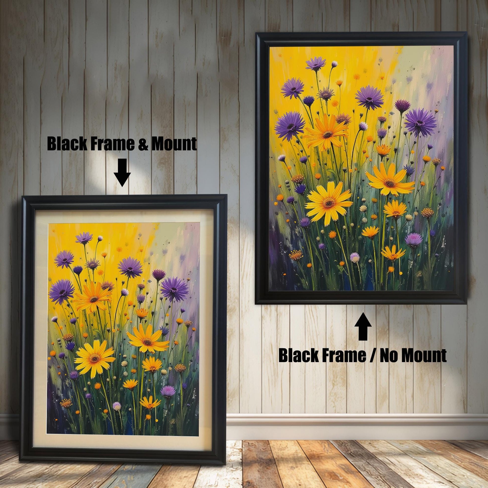 A side-by-side comparison of a floral print. On the left, the print is in a black frame with a mount. On the right, it's in a black frame without a mount.