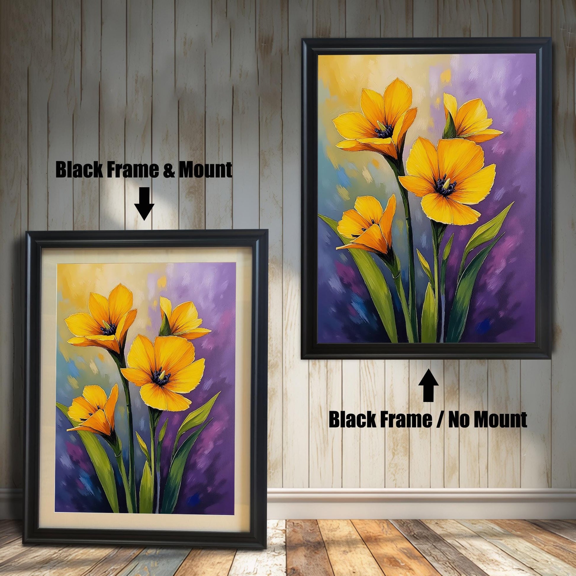 A side-by-side comparison of a floral print. On the left, the print is in a black frame with a mount. On the right, it's in a black frame without a mount.
