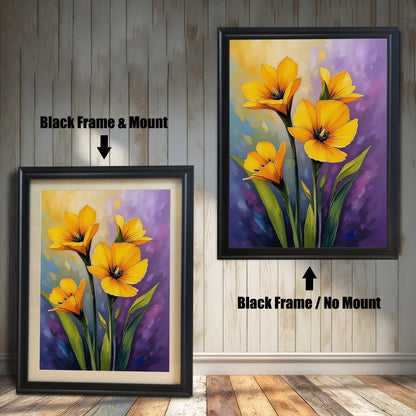 A side-by-side comparison of a floral print. On the left, the print is in a black frame with a mount. On the right, it's in a black frame without a mount.